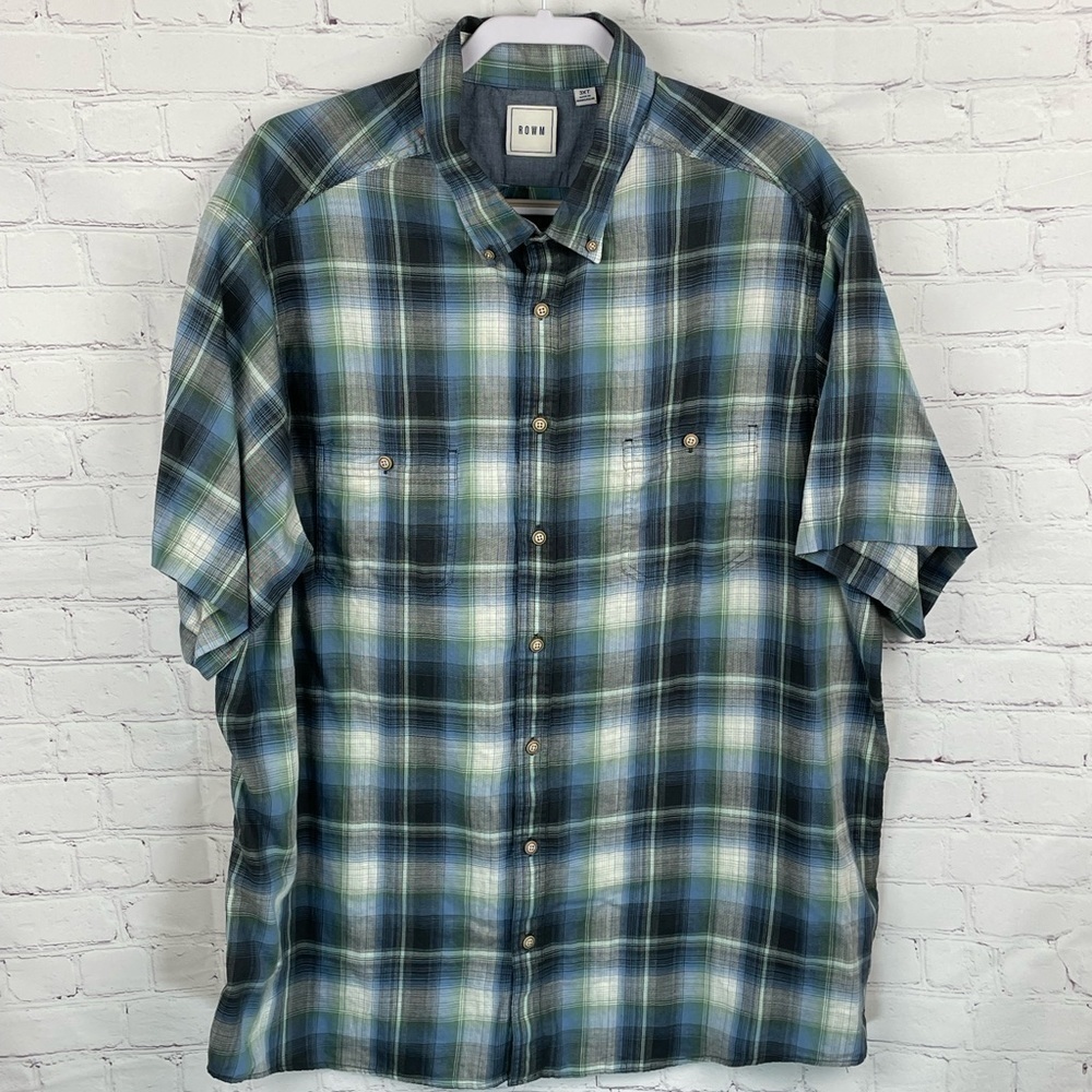 ROWM Shirt Mens 3XLT Blue/Green/Multi Plaid Button-Up Short Sleeve 100% Cotton